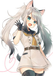 Rule 34 | 1girl, animal ears, black thighhighs, blush, boots, cowboy shot, dress, fang, green eyes, heart, heart of string, long hair, looking at viewer, midorikawa you, open mouth, original, sailor dress, sidelocks, silver hair, simple background, solo, tail, thigh boots, thighhighs, twintails, white background