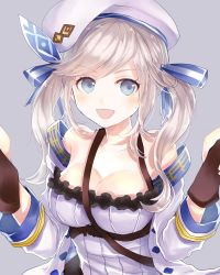 Rule 34 | 10s, 1girl, :d, beret, between breasts, blue eyes, breasts, cleavage, collarbone, cucouroux (granblue fantasy), dual wielding, eyebrows, granblue fantasy, grey background, gun, hair ribbon, hat, holding, holding gun, holding weapon, jacket, long hair, medium breasts, myusha, open clothes, open jacket, open mouth, ribbon, silver hair, simple background, smile, solo, strap, strap between breasts, striped ribbon, twintails, weapon, white hat, white jacket