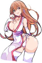 Rule 34 | 1girl, :d, breasts, dead or alive, elbow gloves, enpe, eyebrows, gloves, hair down, happy, highres, japanese clothes, kasumi (doa), large breasts, long hair, open mouth, orange hair, pelvic curtain, red eyes, simple background, smile, thighhighs, white background, white gloves, white thighhighs