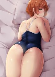 Rule 34 | 1girl, absurdres, ass, back, bare arms, bed sheet, black one-piece swimsuit, blush, competition school swimsuit, female focus, highres, hoshizora rin, looking back, love live!, love live! school idol project, lying, on stomach, one-piece swimsuit, orange hair, parted lips, pillow, school swimsuit, shinonon (iso shino), short hair, shoulder blades, sidelocks, solo, sweat, swimsuit, thick thighs, thighs, yellow eyes