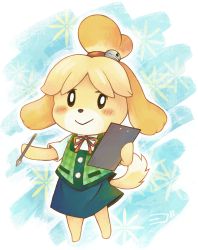 Rule 34 | 1girl, :&gt;, animal crossing, animal ears, artist name, barefoot, bell, black eyes, blonde hair, blue background, blue skirt, blush, clipboard, closed mouth, dog ears, dog girl, dog tail, female focus, full body, furry, furry female, green vest, hair bell, hair ornament, hair tie, hands up, happy, highres, holding, isabelle (animal crossing), jingle bell, looking at viewer, migo (migo roco), miniskirt, neck ribbon, nintendo, outline, pen, plaid, plaid vest, red ribbon, ribbon, shirt, short hair, short sleeves, signature, simple background, skirt, smile, solo, standing, tail, topknot, vest, white outline, white shirt