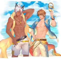 2boys abs animal_ears arm_up armpit_hair armpits blue_jacket dark-skinned_male dark_skin eustace_(granblue_fantasy) fox_ears granblue_fantasy hair_over_one_eye highres jacket male_focus male_swimwear multiple_boys muscular muscular_male navel nipples open_mouth pubic_hair sandalphon_(granblue_fantasy) shorts smile stomach whistle whistle_around_neck white_hair white_male_swimwear white_shorts yellow_jacket zhineart