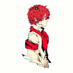 Rule 34 | 1boy, 3kuma, armband, ascot, bandaid, bandaid on face, bandaid on nose, coat, colored skin, cropped torso, expressionless, flag, from side, fukase, headset, male focus, official art, profile, red ascot, red eyes, red hair, scar, scar on face, upper body, vocaloid, white background, white coat, white skin