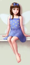 Rule 34 | 1girl, absurdres, arm support, bare arms, bare legs, bare shoulders, barefoot, blue bow, blue dress, blunt bangs, bow, brown eyes, brown hair, closed mouth, dress, drop shadow, fairy wings, flat chest, frilled bow, frills, full body, hair bow, hair over shoulder, highres, legs together, light blush, looking at viewer, self-upload, sitting, solo, star (symbol), star print, star sapphire, toenails, toes, touhou, wings, yyf (seaknight)