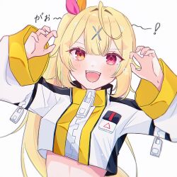 Rule 34 | 1girl, :d, blonde hair, blunt bangs, blush, claw pose, commentary request, cosplay, cropped jacket, denonbu, hair ornament, hands up, heterochromia, high collar, highres, hoshikawa sara, jacket, long hair, long sleeves, looking at viewer, nijisanji, open mouth, red eyes, shiratamamaru, side ponytail, simple background, smile, solo, taiga lucia, taiga lucia (cosplay), upper body, very long hair, virtual youtuber, voice actor, white background, white jacket, x hair ornament, yellow eyes, zipper