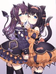 Rule 34 | 2girls, animal ear fluff, animal ears, ao no neko, bare shoulders, black dress, black hair, black thighhighs, blue eyes, blush, bow, brown hair, cat ears, cat girl, cat tail, cheek-to-cheek, closed mouth, commentary request, demon girl, demon horns, demon tail, diagonal stripes, dress, gradient background, grey background, hair bow, halloween, hand up, heads together, highres, holding hands, horns, interlocked fingers, long hair, long sleeves, looking at viewer, multiple girls, one eye closed, orange bow, orange dress, original, parted lips, polka dot, polka dot background, puffy long sleeves, puffy sleeves, purple background, purple bow, sleeves past wrists, smile, striped, striped background, tail, tail bow, tail ornament, tail raised, thighhighs, very long hair