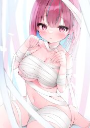 Rule 34 | 1girl, :p, bandages, bare shoulders, barefoot, blue hair, blush, breasts, cleavage, closed mouth, collarbone, colored inner hair, hands up, highres, hololive, large breasts, looking at viewer, masi masio, medium hair, minato aqua, multicolored hair, naked bandage, navel, pink hair, sitting, solo, stomach, streaked hair, tongue, tongue out, two-tone hair, virtual youtuber, wariza