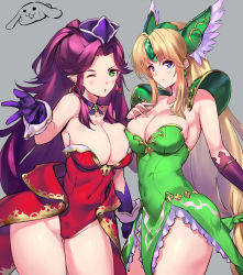 Rule 34 | 2girls, ;o, angela (seiken densetsu 3), bare shoulders, blonde hair, blowing kiss, blush, breasts, choker, cleavage, closed mouth, commentary request, covered navel, earrings, gem, gloves, green eyes, green ribbon, grey background, hair ribbon, hat, helmet, highres, jewelry, large breasts, leotard, long hair, multiple girls, negresco, one eye closed, pointy ears, purple choker, purple eyes, purple gloves, purple hair, purple headwear, red leotard, ribbon, riesz, seiken densetsu, seiken densetsu 3, simple background, smile, thighs, winged helmet