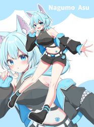 Rule 34 | 1girl, :d, :o, animal ear fluff, animal ears, artist self-insert, bandeau, bare shoulders, belt, black bandeau, black collar, black footwear, black jacket, black shorts, blue background, blue eyes, blue hair, blue jacket, blue tail, blush, breasts, character name, cleavage, collar, collarbone, commentary request, covered collarbone, cross, fox ears, fox girl, fox tail, full body, hand up, highres, indie virtual youtuber, jacket, latin cross, long hair, long sleeves, looking at viewer, midriff, nagumo asu, navel, off shoulder, open mouth, outline, outstretched arm, outstretched hand, parted lips, shinonome asu, shoes, short shorts, shorts, simple background, smile, tail, two-sided fabric, two-sided jacket, virtual youtuber, white background, white belt, white outline, zoom layer