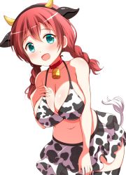 Rule 34 | 1girl, alternate costume, animal costume, animal ears, animal print, bare shoulders, bell, blue eyes, blush, braid, breasts, brown hair, collar, cow costume, cow ears, cow girl, cow horns, cow print, cow tail, cowbell, emma verde, freckles, hair between eyes, horns, large breasts, looking at viewer, love live!, love live! nijigasaki high school idol club, love live! school idol festival all stars, miniskirt, navel, neck bell, open mouth, rabipan, skirt, solo, standing, tail, twin braids, white background