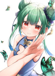 Rule 34 | 1girl, absurdres, blue dress, blue hair, blush, bug, butterfly, china dress, chinese clothes, closed mouth, commentary request, double bun, dress, earrings, gradient hair, green butterfly, green hair, hair bun, hair ribbon, hand up, highres, hololive, insect, jewelry, long hair, multicolored hair, outstretched arm, pepushi drow, red eyes, ribbon, selfie, simple background, sleeveless, sleeveless dress, smile, solo, upper body, uruha rushia, virtual youtuber, white background