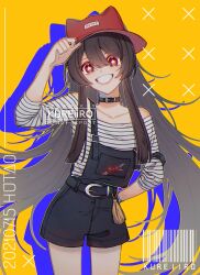 Rule 34 | 1girl, alternate costume, bare shoulders, belt, black belt, black choker, black hair, choker, commentary request, cowboy shot, fedora, genshin impact, grin, hair between eyes, hat, highres, hu tao (genshin impact), kureiiro, long hair, long sleeves, looking at viewer, off-shoulder shirt, off shoulder, orange background, overall shorts, overalls, red eyes, red hat, shirt, smile, solo, standing, strap slip, striped clothes, striped shirt, very long hair, white shirt