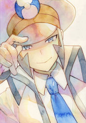 Rule 34 | 1boy, blue necktie, closed mouth, coat, collared shirt, commentary request, creatures (company), emmet (pokemon), game freak, grey eyes, grey hair, hand on headwear, hat, high collar, highres, male focus, necktie, nintendo, open clothes, open coat, pokemon, pokemon bw, shirt, short hair, sideburns, smile, solo, upper body, white coat, white hat, white shirt, yamanashi taiki