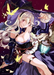 Rule 34 | 1girl, bare shoulders, black hat, blush, breasts, broom, broom riding, bug, butterfly, cleavage, commentary request, corrin (female) (fire emblem), corrin (fire emblem), detached collar, dress, fire emblem, fire emblem fates, floating hair, frilled sleeves, frills, hair between eyes, halloween, halloween costume, hat, highres, insect, juliet sleeves, lantern, large breasts, long hair, long sleeves, misu kasumi, nintendo, pointy ears, puffy sleeves, red background, red eyes, silver hair, solo, tiara, tongue, tongue out, twitter username, witch, witch hat
