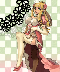 Rule 34 | &gt;:d, 1girl, :d, anne punt quettebuss, blonde hair, blunt bangs, bow, breasts, checkered background, choker, cleavage, clothes lift, crown, detached sleeves, dress, dress lift, drill hair, earrings, elbow gloves, flower, frilled dress, frills, garter straps, gloves, gradient background, green eyes, hair flower, hair ornament, high heels, jewelry, kuzuno ha, large breasts, leg up, long hair, open mouth, pink bow, pink dress, princess punt, puffy short sleeves, puffy sleeves, short sleeves, smile, solo, thighhighs, v-shaped eyebrows, white gloves, white thighhighs