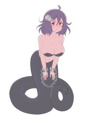 Rule 34 | 1girl, ahoge, artist name, blush, grabbing another&#039;s breast, breasts, claws, cleavage, closed mouth, cuffs, faeni, grabbing, hair ornament, hairclip, highres, lamia, large breasts, monster girl, original, purple hair, red eyes, short hair, simple background, skull hair ornament, snake, snake tail, solo, tail, white background