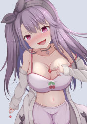 Rule 34 | 1girl, azur lane, bad id, bad pixiv id, bare shoulders, beige cardigan, blush, breasts, cardigan, cherry, cherry print, cleavage, food, food between breasts, food print, fruit, grey background, highres, inari jin, large breasts, long hair, looking at viewer, official alternate costume, open cardigan, open clothes, open mouth, pamiat merkuria (azur lane), pamiat merkuria (sweet cherry memories) (azur lane), purple eyes, purple hair, sexually suggestive, simple background, solo, strap slip
