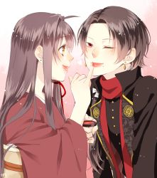 Rule 34 | 10s, 1boy, 1girl, applying makeup, brown hair, cosmetics, earrings, female saniwa (touken ranbu), finger to another&#039;s mouth, japanese clothes, jewelry, kashuu kiyomitsu, long hair, mole, mole under mouth, one eye closed, ponytail, red eyes, red scarf, saniwa (touken ranbu), scarf, smile, touken ranbu, yuzu-oni