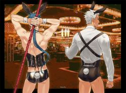 Rule 34 | 2boys, alcohol, animal ears, archer (fate), arms behind head, artist name, black shorts, blue hair, casino, champagne, champagne flute, clenched hand, closed mouth, contrapposto, cu chulainn (fate), cup, dark skin, dark-skinned male, detached collar, drinking glass, fake animal ears, fake tail, fate/stay night, fate (series), from behind, g0ringo, gae bolg (fate), lace-up, cu chulainn (fate/stay night), long hair, looking at another, looking at viewer, male focus, male playboy bunny, multiple boys, photo background, polearm, ponytail, shirt, short shorts, shorts, silver hair, spear, suspenders, tail, tray, very long hair, weapon, white shirt, wrist cuffs