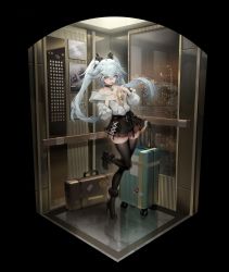 Rule 34 | 1girl, absurdres, ahoge, bell, black collar, black skirt, black thighhighs, blue nails, box, breasts, capsule, city lights, collar, elevator, fingernails, gift, girls&#039; frontline, girls&#039; frontline neural cloud, grey jacket, hair between eyes, hair ornament, hairclip, heart, heart-shaped pupils, high heels, highres, holding, holding box, jacket, jingle bell, long fingernails, long hair, long sleeves, looking at viewer, luggage, miniskirt, multicolored nails, nail polish, navel, neck bell, night, official art, open clothes, pa-15 (girls&#039; frontline), pill, pointing, pointing at self, rolling suitcase, shanyao jiang tororo, silver hair, skirt, solo, standing, standing on one leg, suitcase, symbol-shaped pupils, thighhighs, tongue, tongue out, twintails, very long hair