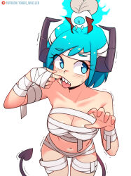 Rule 34 | 1girl, bandaged head, bandages, blue eyes, blue hair, breasts, claw pose, cleavage, commentary, demon horns, demon tail, english commentary, halloween costume, highres, horns, looking to the side, medium breasts, mouth pull, mummy costume, naked bandage, navel, original, tail, teeth, tobias wheller, tongue, tongue out, trembling, white background