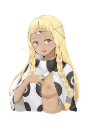 1girl arched_bangs blonde_hair blush braid breasts collared_cloak commentary dark-skinned_female dark_skin dress eupha_(metaphor:_refantazio) eyelashes holding inverted_nipples linnkou long_hair long_sleeves looking_to_the_side metaphor:_refantazio nipples nude open_mouth polka_dot polka_dot_dress purple_eyes shy simple_background solo steaming_body sweat sweatdrop third_eye twin_braids upper_body white_background