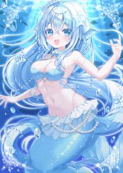 Rule 34 | 1girl, :d, absurdres, air bubble, bikini, blue eyes, blue hair, blush, bow, breasts, bubble, cleavage, commentary request, fins, gem, highres, hinao, long hair, looking at viewer, medium breasts, mermaid, monster girl, navel, open mouth, original, pearl (gemstone), red bow, smile, solo, swimsuit, underwater