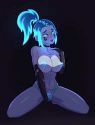 Rule 34 | 1girl, absurdres, black background, black choker, blue eyes, blue hair, blue nipples, breasts, bridal gauntlets, choker, cleavage, colored nipples, danny phantom, ember mclain, female masturbation, glowing, highres, large breasts, looking at viewer, masturbation, navel, open mouth, panties, parted lips, ponytail, silfra blue, simple background, solo, underwear