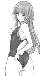 Rule 34 | 1girl, amagami, blunt bangs, breasts, competition swimsuit, cowboy shot, from behind, greyscale, kamizaki risa, long hair, looking at viewer, looking back, monochrome, one-piece swimsuit, shouji nigou, simple background, small breasts, solo, swimsuit