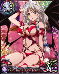 Rule 34 | 1girl, :o, black wings, blue shirt, bow, braid, breasts, card (medium), chess piece, cleavage, demon wings, female focus, grayfia lucifuge, grey eyes, grey hair, hair bow, high school dxd, large breasts, long hair, maid headdress, matching hair/eyes, mature female, official art, queen (chess), shirt, solo, torn clothes, twin braids, underboob, wings
