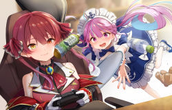Rule 34 | 2girls, ahoge, bare shoulders, black legwear, bottle, bow, breasts, controller, gloves, hair ornament, heterochromia, highres, holding, holding controller, hololive, houshou marine, jewelry, large breasts, long hair, looking at viewer, maid, maid headdress, minato aqua, minato aqua (1st costume), multicolored hair, multiple girls, open mouth, pink eyes, pink hair, red eyes, red hair, streaked hair, summer tail720, tray, twintails, two side up, virtual youtuber, white gloves, yellow eyes