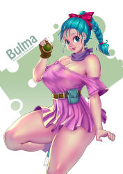 Rule 34 | 1980s (style), 1girl, aqua hair, arm at side, arm support, bare legs, bare shoulders, belt, blue eyes, bokuman, braid, braided ponytail, breasts, brown belt, brown gloves, bulma, character name, cleavage, closed mouth, curvy, dragon ball, dragon ball (classic), dragon radar, dress, female focus, fingerless gloves, gloves, hair ribbon, hand up, highres, holding, large breasts, lips, long hair, looking at viewer, no bra, off-shoulder dress, off shoulder, oldschool, pink dress, pleated dress, ponytail, purple scarf, red ribbon, retro artstyle, ribbon, scarf, shiny skin, shoes, short dress, single glove, smile, sneakers, thick thighs, thighs