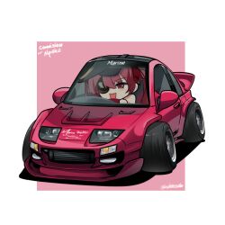 Rule 34 | 1girl, absurdres, black hat, blush, border, car, chibi, commentary, commission, driving, english commentary, eyepatch, hair behind ear, hat, highres, holeecrab, hololive, houshou marine, long hair, looking to the side, motor vehicle, nissan, nissan 300zx, nissan 300zx (z32), nissan fairlady z, one eye covered, outside border, red eyes, red hair, shadow, simple background, smile, solo, sports car, stance (vehicle), twintails, twitter username, vehicle focus, virtual youtuber, white border