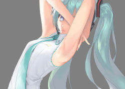 Rule 34 | 1girl, aqua hair, aqua nails, aqua necktie, arm behind head, armpits, bad id, bad pixiv id, bare arms, bare shoulders, blue eyes, closed mouth, clothes writing, dutch angle, fingernails, from side, grey background, hair between eyes, hand on own shoulder, hatsune miku, headset, highres, long fingernails, long hair, looking at viewer, looking to the side, nail polish, necktie, rsk (tbhono), shirt, simple background, sleeveless, sleeveless shirt, smile, solo, twintails, vocaloid, white shirt