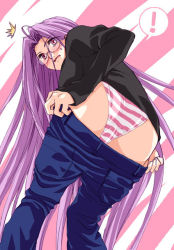 Rule 34 | !, 00s, 1girl, ^^^, ahoge, ass, bent over, blush, denim, embarrassed, fate/stay night, fate (series), female focus, from below, glasses, jeans, long hair, looking down, medusa (fate), medusa (rider) (fate), official alternate costume, open mouth, panties, pants, pantyshot, pink eyes, pink panties, purple hair, solo, square pupils, striped clothes, striped panties, surprised, sweater, underwear, undressing, very long hair