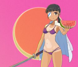 Rule 34 | 1girl, bikini, black hair, blush, breasts, brown eyes, cleavage, closed mouth, eyepatch, food, fruit, katana, keicha (kmoekaki), large breasts, long hair, looking at viewer, navel, open mouth, ponytail, purple bikini, sakamoto mio, smile, solo, strike witches, swimsuit, sword, tan, tanline, watermelon, weapon, world witches series