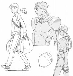 Rule 34 | 2boys, armor, bad id, bad pixiv id, bag, breastplate, cu chulainn (fate), cu chulainn (fate/stay night), dual wielding, emiya shirou, fate/stay night, fate (series), full body, greyscale, grocery bag, holding, long hair, long sleeves, looking to the side, monochrome, multiple boys, pauldrons, ponytail, profile, shopping bag, short hair, shoulder armor, shoulder pads, simple background, spiked hair, sweater, taa (acid), walking, white background