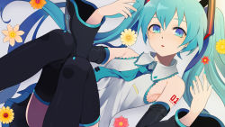 Rule 34 | 1girl, aqua eyes, aqua hair, bad id, bad pixiv id, bare shoulders, detached sleeves, flower, harano, hatsune miku, highres, long hair, looking at viewer, nail polish, necktie, skirt, solo, thighhighs, twintails, very long hair, vocaloid