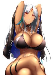 Rule 34 | 1girl, armpits, arms behind head, azur lane, bare shoulders, bikini, black bikini, black shorts, blush, body markings, breasts, choker, cleavage, commentary request, crossed legs, dark-skinned female, dark skin, facial mark, forehead mark, highres, huge breasts, jacket, large breasts, long hair, looking at viewer, massachusetts (azur lane), native american, navel, parted lips, red eyes, shiroshisu, short shorts, shorts, silver hair, simple background, sitting, smile, solo, swimsuit, thigh strap, thighs, very long hair, white background