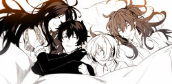 2boys 2girls arlizi bandage_on_face bandaged_hand bandages blanket blurry closed_eyes closed_mouth cuddling depth_of_field elbow_gloves fate/grand_order fate_(series) fujimaru_ritsuka_(male) gloves hair_between_eyes hair_over_one_eye juliet_sleeves leonardo_da_vinci_(fate) long_hair long_sleeves lying mash_kyrielight monochrome multiple_boys multiple_girls on_back on_side open_mouth parted_hair pillow puffy_sleeves romani_archaman shirt short_hair short_sleeves sleeping smile turtleneck turtleneck_shirt under_covers upper_body