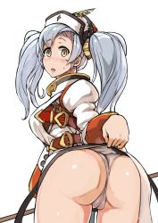 Rule 34 | 1girl, ass, belt, blush, cameltoe, character request, clothes lift, cowboy shot, granblue fantasy, hat, lifted by self, long hair, looking at viewer, looking back, open mouth, silver hair, simple background, skirt, skirt lift, solo, sophia (granblue fantasy), sweatdrop, white background, yuugiri (u-slash)