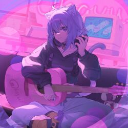 1girl acoustic_guitar ahoge animal_collar animal_ears baggy_pants black_collar black_hoodie cat_ears cat_girl cat_tail character_signature closed_mouth collar cona_kinaco couch cropped_hoodie crossed_bangs crt double-parted_bangs food_print guitar hair_between_eyes headphones headphones_around_neck holding holding_plectrum hololive hood hoodie indoors instrument long_sleeves looking_at_viewer medium_hair messy_hair midriff monitor nekomata_okayu nekomata_okayu_(1st_costume) official_art on_couch onigiri_print onigirya_(nekomata_okayu) pants plectrum purple_eyes purple_hair second-party_source shoes sitting sleeves_past_wrists smile sneakers solo sweatpants tail virtual_youtuber white_pants yellow_shoes