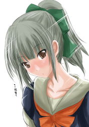Rule 34 | 10s, 1girl, blunt bangs, bow, brown eyes, chestnut mouth, commentary request, eyebrows, folded ponytail, green hair, hair bow, head tilt, kantai collection, looking at viewer, neckerchief, sailor collar, sailor shirt, school uniform, serafuku, shirt, sketch, solo, sunlight, translation request, upper body, white background, yano toshinori, yuubari (kancolle)