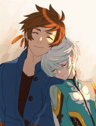 Rule 34 | 10s, 2boys, bad id, bad pixiv id, bishounen, blue hair, brown hair, closed eyes, earrings, feather earrings, feathers, gradient background, jewelry, leaning on person, male focus, mikleo (tales), multicolored hair, multiple boys, short hair, sleeping, smile, sorey (tales), tales of (series), tales of zestiria, tasasakiamagu, two-tone hair, upper body, white hair