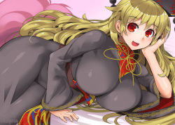 Rule 34 | 1girl, :d, between breasts, black dress, blonde hair, blush, breasts, chinese clothes, crescent, dress, hat, huge breasts, junko (touhou), long hair, long sleeves, looking at viewer, lying, mature female, on side, open mouth, red eyes, smile, solo, tabard, touhou, umigarasu (kitsune1963), wide sleeves