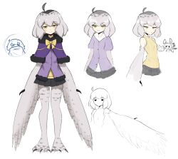 Rule 34 | 1girl, ahoge, bare shoulders, bird legs, black skirt, blush, breasts, capelet, feathered wings, grey feathers, grey hair, grey wings, harpy, highres, looking at viewer, medium hair, miniskirt, mono (sifserf), monster girl, multiple views, open mouth, original, owl girl, pleated skirt, purple capelet, purple shirt, shirt, sifserf, simple background, skirt, small breasts, smile, sweater, sweater under shirt, talons, turtleneck, turtleneck sweater, white background, winged arms, wings, yellow eyes