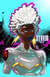 Rule 34 | 1girl, afro, alternate hairstyle, blue eyes, blue lips, bodysuit, breasts, circlet, collarbone, commentary, dark-skinned female, dark skin, earrings, electricity, english commentary, highres, jewelry, lightning bolt earrings, lightning bolt symbol, lips, lipstick, makeup, marcus williams, marvel, medium breasts, nose, shiny clothes, solo, storm (x-men), thick eyebrows, upper body, very dark skin, white hair, x-men