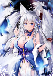 Rule 34 | 1girl, animal ear fluff, animal ears, azur lane, bare shoulders, blue butterfly, blue collar, blue eyes, breasts, bug, butterfly, collar, cup, dress, drinking glass, feather boa, fox ears, hair ornament, halter dress, halterneck, highres, holding, holding cup, insect, kitsune, kyuubi, large breasts, large tail, long hair, multiple tails, mutang, shinano (azur lane), shinano (dreams of the hazy moon) (azur lane), sleeveless, sleeveless dress, solo, tail, very long hair, white hair, white tail, wine glass