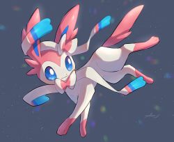 Rule 34 | absurdres, blue eyes, closed mouth, creatures (company), full body, game freak, gen 6 pokemon, grey background, highres, looking back, nintendo, no humans, nullma, pokemon, pokemon (creature), signature, smile, solo, sylveon, toes