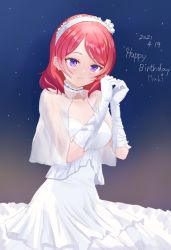 Rule 34 | 1girl, artist name, artist request, bare shoulders, blue sky, blush, breasts, cleavage, collarbone, dress, earrings, female focus, flower, frilled dress, frills, gloves, hair between eyes, hair flower, hair ornament, hairband, jewelry, looking at viewer, love live!, love live! school idol project, night, night sky, nishikino maki, outdoors, parted lips, purple eyes, red hair, short hair, skirt, sky, smile, solo, star (symbol), wedding dress, white detached collar, white flower, white gloves, white hairband, white skirt